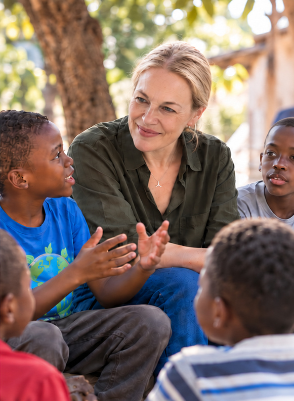 Mónica Navarro speaking with students during a school visit