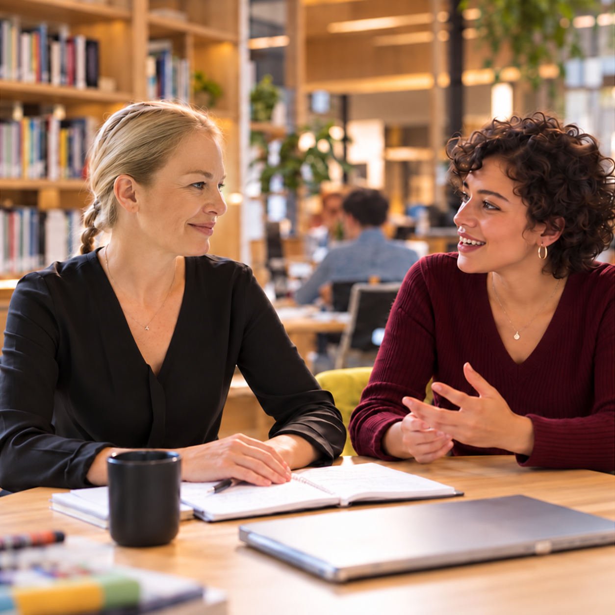 Mónica Navarro mentoring a young leader over a notebook session